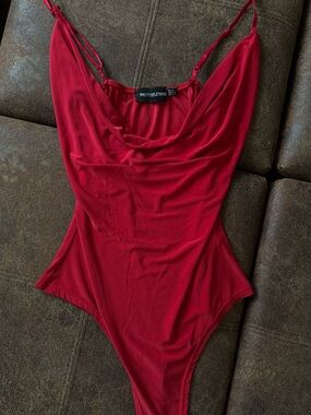 PrettyLittleThing Red Draped Cowl Neck Bodysuit